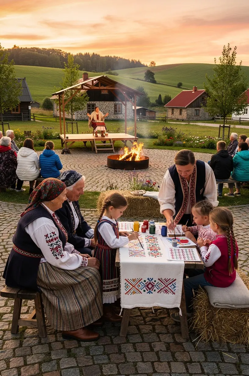 Reisijad jalutavad ajaloolises väikelinnas, kus toimuvad mikrofestivalid.